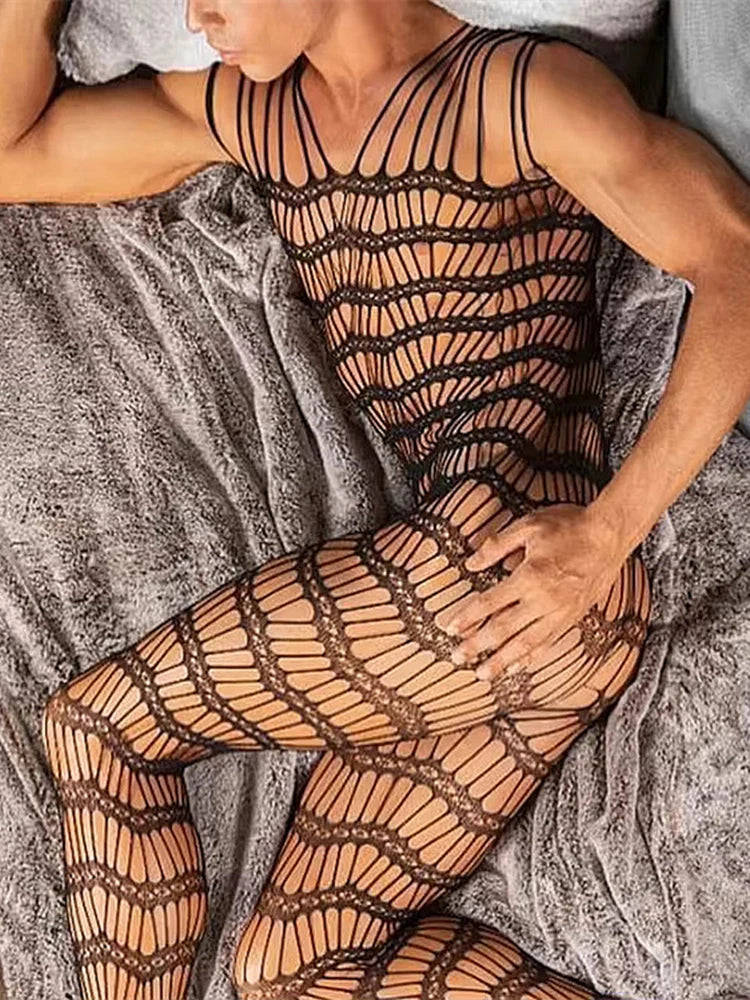 Sexy Shadow Seduction — Men’s Fishnet Crotchless Bodystocking