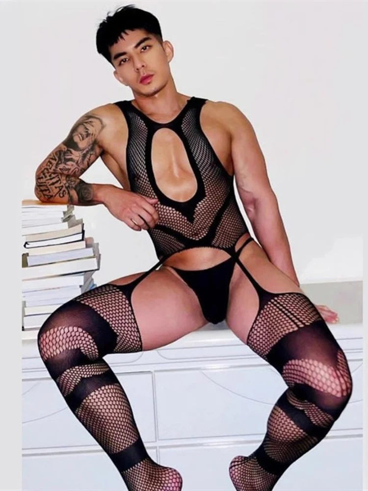 Sexy Shadow Seduction — Men’s Fishnet Crotchless Bodystocking