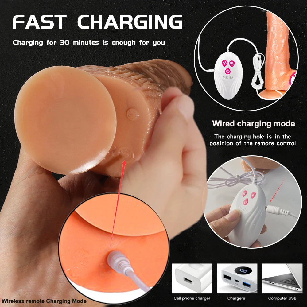 Telescopic G-Spot Vibrator – Remote-Controlled, Heating, Thrusting, and Rotating Dildo with Suction Base (USB Rechargeable)