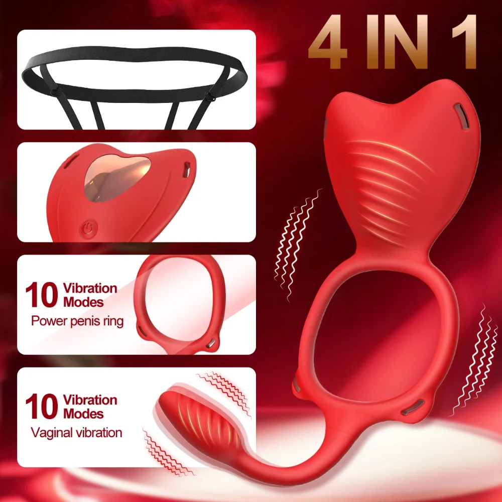 4-in-1 Wearable Vibrator 10-Frequency Vibration Penis Ring Clitoris Stimulator G-Spot Anal Massager Adult Sex Toys Masturbator